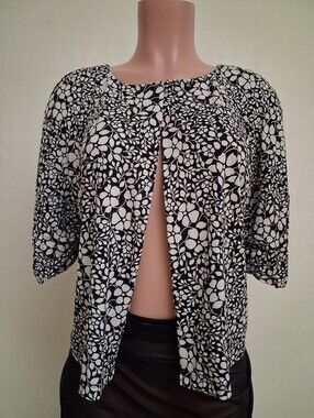Perceptions New York Black & White Floral Open Front Cardigan Jacket Size 8